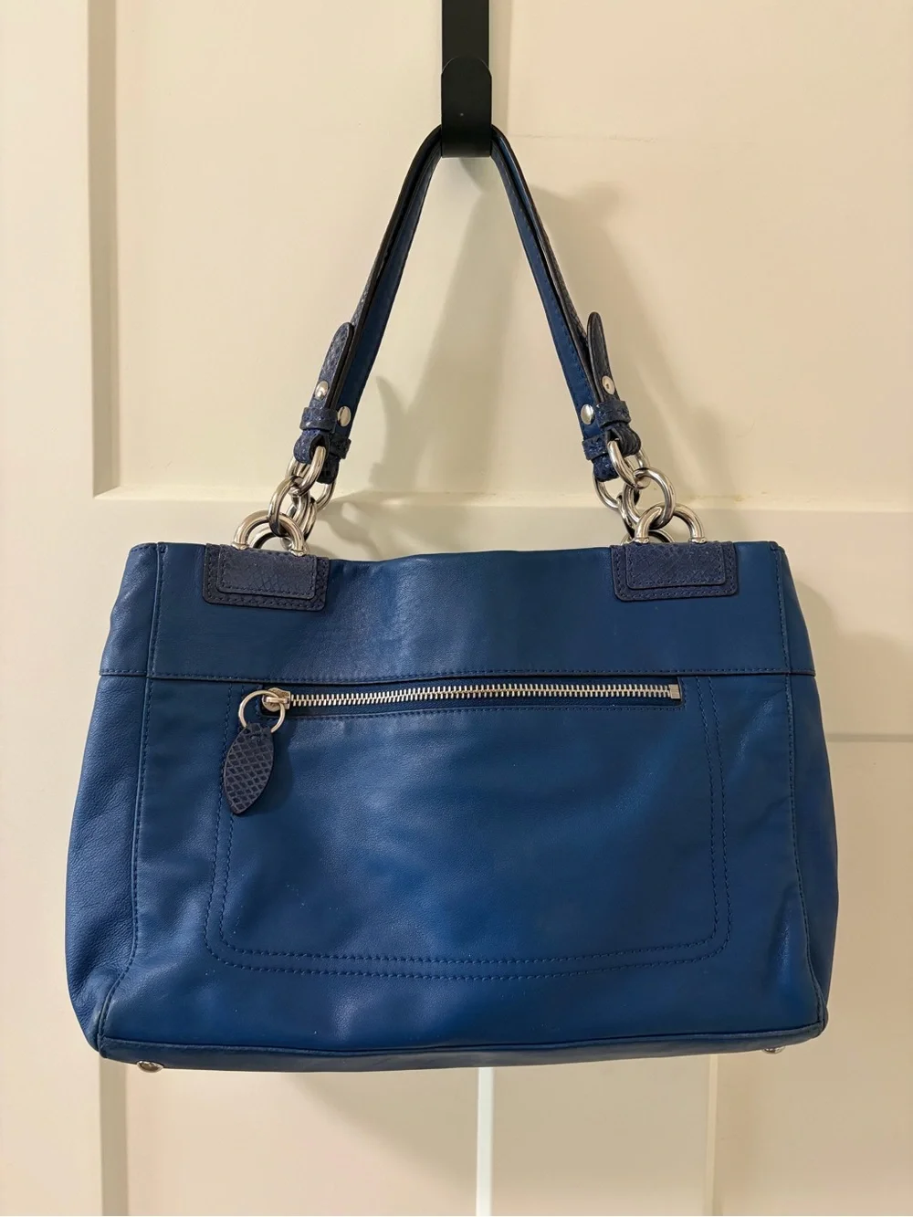 Coach Penelope Cobalt Blue Leather Tote Bag Snakeskin Trim EUC
